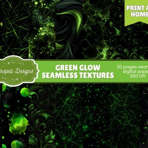 Könnte beinhalten: Eine digitale Kunstsammlung mit verschiedenen nahtlosen Texturen in Grün- und Schwarztönen. Die Designs umfassen abstrakte Muster, leuchtende Linien und wirbelnde Elemente. Der Text lautet "Green Glow Seamless Textures" und "Print at Home".