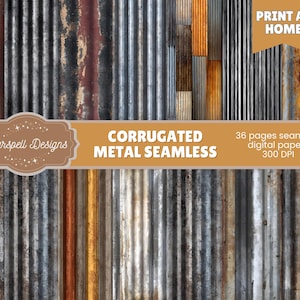 May include: Digital paper set featuring a seamless corrugated metal design. The image showcases a variety of textures and colors, including rusty orange, silver, and black. The text reads "Corrugated Metal Seamless" and "36 pages seamless digital papers 300 DPI".