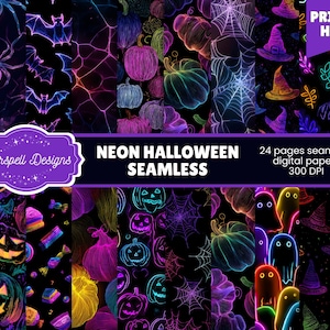 Könnte beinhalten: Nahtlose digitale Neon-Halloween-Papiere mit leuchtenden Neon-Illustrationen von Spinnen, Fledermäusen, Kürbissen, Geistern und Hexenhüten. Das Bild enthält den Text "Starspell Designs", "NEON HALLOWEEN SEAMLESS" und "PRINT AT HOME".