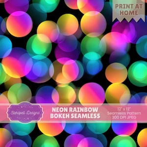 Neon Rainbow Bokeh Seamless Pattern | Colorful Glowing Light Circles Digital Paper in Vibrant Spectrum for Party & Y2K Designs