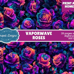 May include: A digital paper design featuring vibrant, colorful roses in shades of purple, blue, orange, and pink. The image includes text that reads "Vaporwave Roses" and "Print at Home". The design is a seamless pattern of 28 digital papers at 300 DPI.