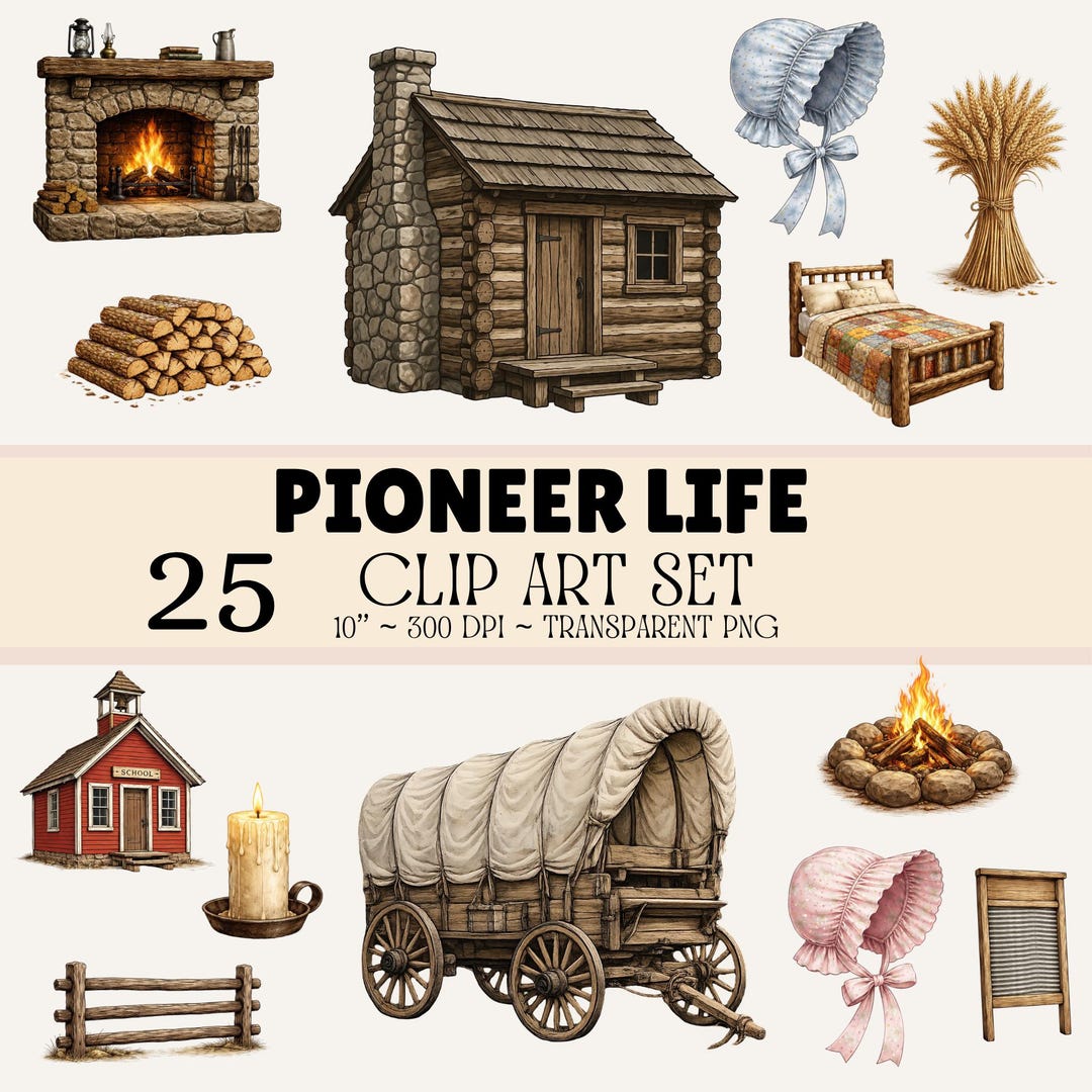 Pioneer Life Clip Art Set – 25 Rustic Homestead Illustrations, Log ...