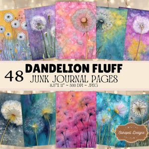 Puede incluir: Un conjunto de 48 páginas de diario basura con ilustraciones de diente de león. Las páginas muestran fondos de acuarela en varios colores, incluyendo amarillo, morado, rosa y azul. Cada página tiene un diseño de diente de león. El texto en la imagen dice "DANDELION FLUFF".