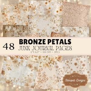 Bronze Petals Junk Journal Pages – 48 Printable Floral Backgrounds, Warm Vintage Botanical Paper Pack