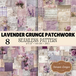 Puede incluir: Una colección digital de 8 patrones sin costuras titulada Lavender Grunge Patchwork, con cuadrados de 30,48 cm por 30,48 cm con motivos florales en lavanda, morado y blanco, texturas de encaje, escritura a mano y notación musical.