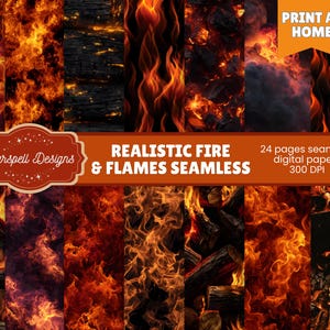 Puede incluir: Un conjunto de papeles digitales con fuego y llamas realistas en tonos naranja, rojo y negro. La imagen muestra varias texturas de fuego, madera ardiendo y el texto "REALISTIC FIRE & FLAMES SEAMLESS". También se ve el texto "PRINT AT HOME".