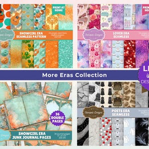 May include: A collection of digital paper packs with various designs. The top row features "Showgirl Era" and "Lover Era" seamless patterns. The bottom row includes "Showgirl Era" junk journal pages and "Poets Era" seamless patterns. Each pack includes multiple pages.