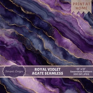 Sömlöst mönster med kunglig violett agat | Digitalt papper med mörk indigo och violett marmor med guldådring, lyxig geodebakgrund