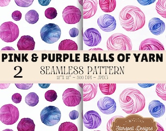 Pink & Purple Balls of Yarn Seamless Pattern Bundle, Watercolor Yarn Digital Paper, Knitting Crochet Pattern, Craft Fabric, 12x12 JPG