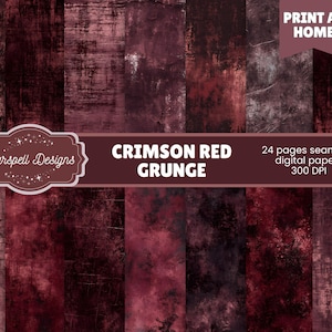 May include: A digital paper set featuring a crimson red grunge design. The image includes various textures and patterns in shades of red and dark brown. The text reads "Crimson Red Grunge" and "24 pages seamless digital papers 300 DPI".