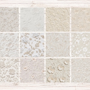 May include: A collection of twelve square tiles featuring embossed floral patterns in various designs. The tiles showcase a range of off-white and beige tones, with detailed relief of flowers, leaves, and vines, creating a textured, decorative surface.