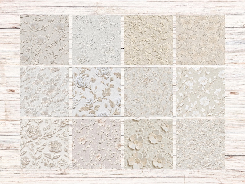May include: A collection of twelve square tiles featuring embossed floral patterns in various designs. The tiles showcase a range of off-white and beige tones, with detailed relief of flowers, leaves, and vines, creating a textured, decorative surface.