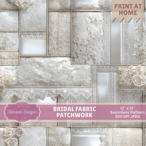 Patrón sin costuras de patchwork de tela nupcial / Papel digital elegante de encaje y satén para patchwork, fondo de boda