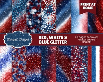 Red, White & Blue Glitter Seamless Patterns | Patriotic Digital Papers for Scrapbooking, Journals, 4th of July, Memorial Day Crafts