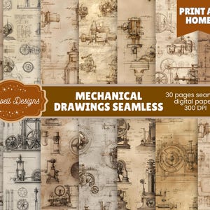 May include: A collection of seamless digital papers featuring vintage mechanical drawings. The designs showcase gears, machinery, and blueprints in sepia tones. The image includes the text "Print at Home" and "Mechanical Drawings Seamless."