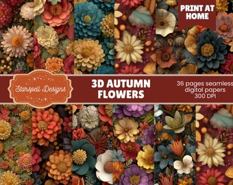 Trójwymiarowe, bezszwowe wzory z jesiennymi kwiatami | Cyfrowe papiery z jesiennymi kwiatami do scrapbookingu, dzienników, rękodzieła, sezonowych artykułów papierniczych i projektów kreatywnych