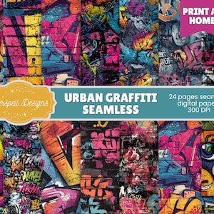 Puede incluir: Una colección de papeles digitales sin costuras de graffiti urbano coloridos. Los diseños presentan arte callejero vibrante con colores llamativos, incluyendo rosa, azul, amarillo y naranja. Se muestra el texto "URBAN GRAFFITI SEAMLESS", junto con "24 pages seamless digital papers 300 DPI".
