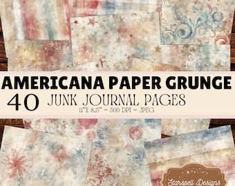 Strony dziennika Americana Paper Grunge Junk – 40 patriotycznych, vintage'owych papierów do druku, tła w kolorze czerwonym, białym i niebieskim, zniszczone, do scrapbookingu