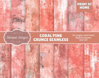 Coral Pink Grunge Seamless Patterns | 24 Distressed Texture Digital Papers for Scrapbooking, Journals, Crafts & Modern Design