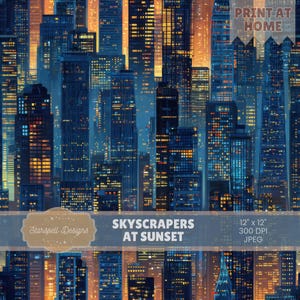 Könnte beinhalten: Digitaldruck eines Stadtbildes bei Sonnenuntergang. Das Bild zeigt zahlreiche Wolkenkratzer in Blau- und Orangetönen mit beleuchteten Fenstern. Der Text "SKYSCRAPERS AT SUNSET" ist zu sehen. Größe: 30,48 cm x 30,48 cm.