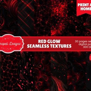 Puede incluir: Una colección de arte digital con texturas sin costuras en rojo y negro. La imagen muestra varios diseños abstractos, incluyendo salpicaduras, patrones geométricos y elementos arremolinados. El texto "Red Glow Seamless Textures" se muestra en una pancarta roja.