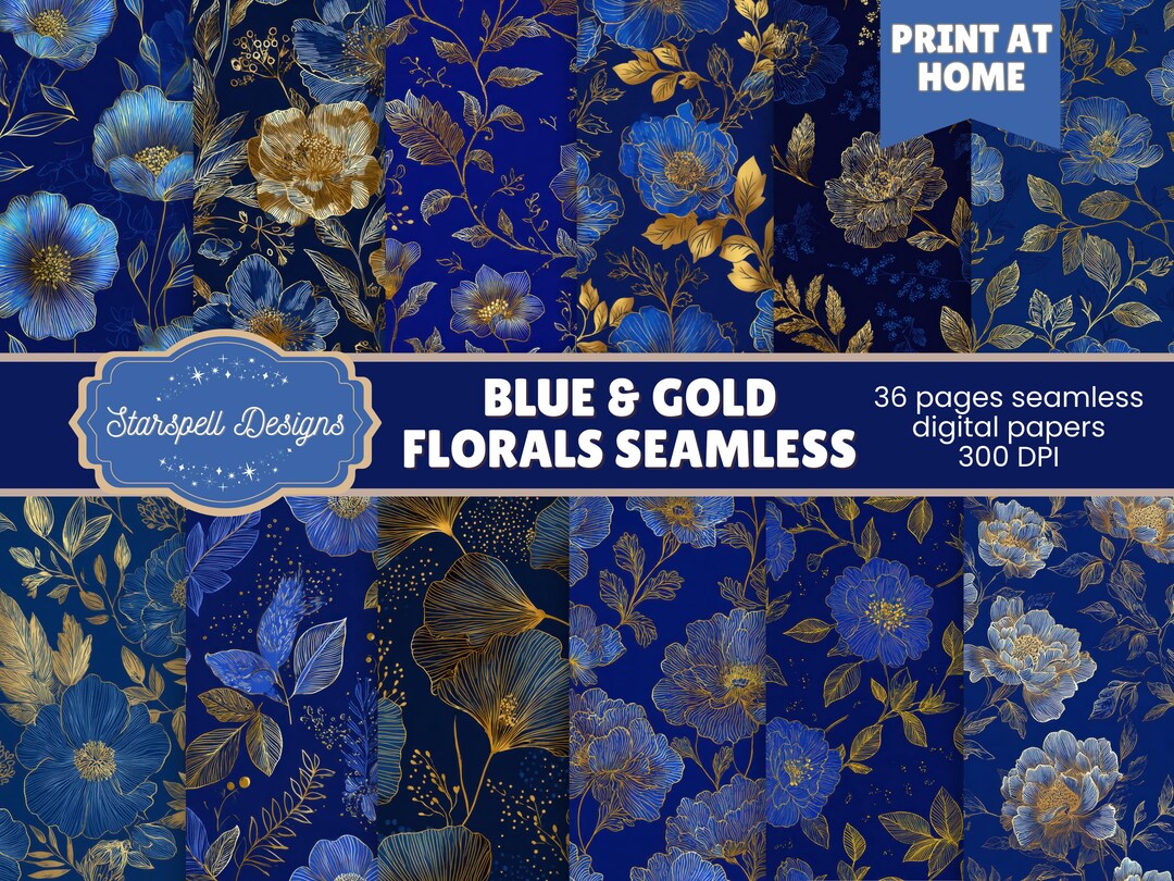 Royal Blue & Gold Floral Seamless Patterns | 36 Elegant Floral Digital ...