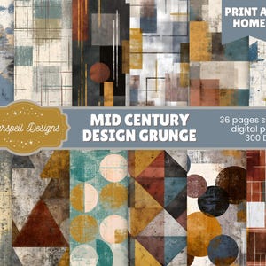 Può includere: Una collezione di carte digitali con un'estetica grunge di design di metà secolo. Le carte presentano forme geometriche, linee e texture in una tavolozza di colori tenui tra cui blu, marrone e oro. Il testo "PRINT AT HOME", "Starspell Designs", "MID CENTURY DESIGN GRUNGE", "36 pages seamless digital papers 300 DPI" è visibile.