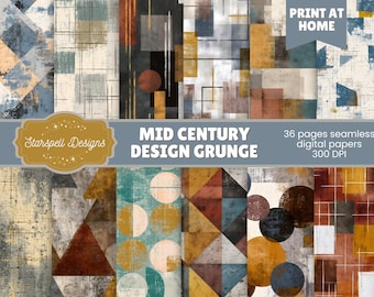 Mid-Century Modern Grunge nahtlose Muster | 36 Retro texturierte digitale Papiere, beunruhigte Vintage Designs für Scrapbooking & Kunsthandwerk