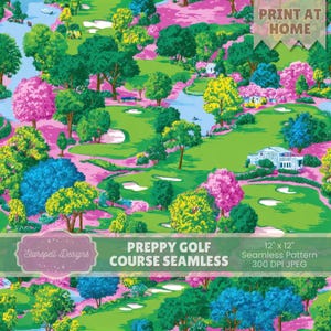 May include: A seamless pattern featuring a vibrant golf course design. The image showcases a lush green golf course with pink, blue, and yellow trees, white sand traps, and a light blue sky. The text "PREPPY GOLF COURSE SEAMLESS" is visible.