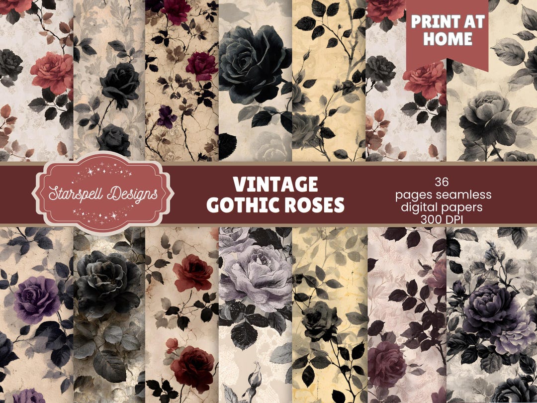 Gothic Valentine Digital Paper, Vintage Roses Seamless Backgrounds ...