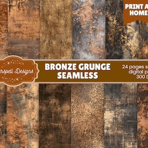 Può includere: Una collezione di carte digitali senza cuciture con una texture grunge bronzo. Le carte presentano varie tonalità di marrone, oro e grigio, con effetti usurati e invecchiati. Il testo "BRONZE GRUNGE SEAMLESS" e "PRINT AT HOME" è incluso.