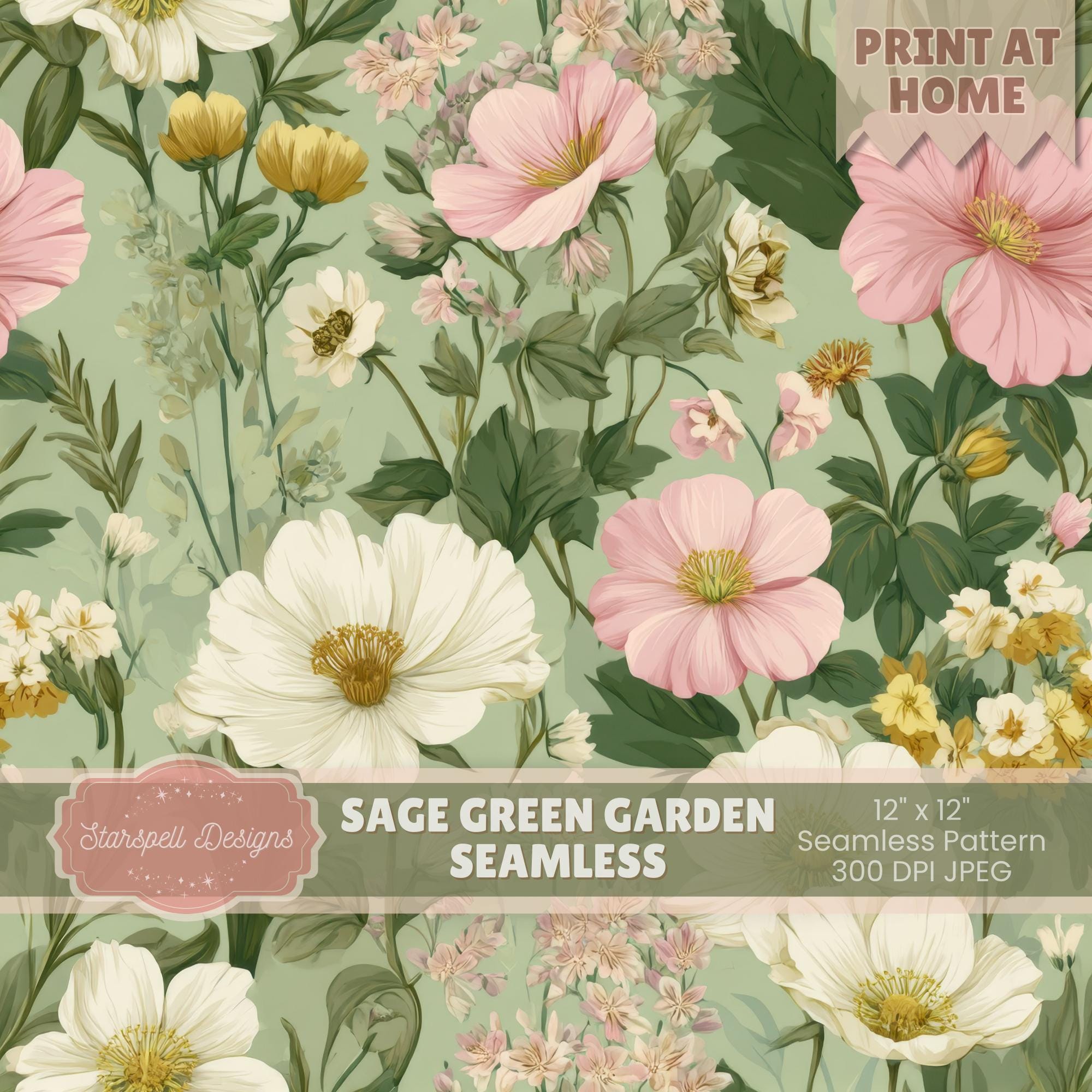 Sage Green Garden Seamless Pattern | Botanical Floral Digital Paper for ...