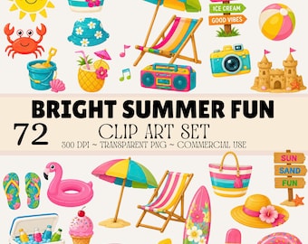 Bright Summer Fun Clip Art Set – 72 Summer Vacation PNG Graphics, Beach Clip Art, Tropical Watercolor Illustrations, Transparent PNG Images