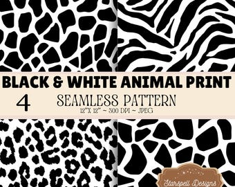 Black & White Animal Print Seamless Patterns, 4 Zebra Leopard Giraffe Digital Papers, Monochrome Safari Pattern, 12x12 Commercial Use