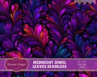 Midnight Jewel Tone Leaves Seamless Pattern | Dark Botanical Digital Paper for Fabric, Scrapbooking, POD, Stationery & Elegant Crafts