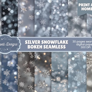 May include: A collection of digital papers with a silver snowflake bokeh design. The image features various shades of blue and gray with sparkling bokeh effects and snowflake patterns. Text includes "Silver Snowflake Bokeh Seamless" and "Print at Home".