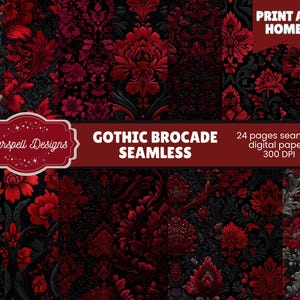 Gothic Brocade Seamless Patterns | 24 Red & Black Ornate Fabric Textures for Scrapbooking, Journals, Crafts, Products, Dark Elegance Design