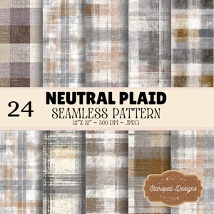 Può includere: Una collezione di 24 motivi senza cuciture a quadri neutri. I design presentano varie combinazioni di colori, tra cui grigio, marrone e beige, con un aspetto invecchiato e strutturato. Ogni motivo misura 30.48 cm x 30.48 cm e ha 300 DPI. Il testo "NEUTRAL PLAID SEAMLESS PATTERN" è incluso.