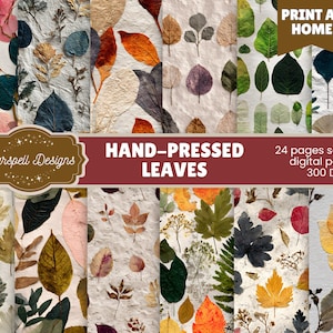 Könnte beinhalten: Eine Sammlung digitaler Papiere mit handgepressten Blättern in verschiedenen Farben, darunter Rosa, Grün, Orange und Gelb. Die Papiere haben ein nahtloses Design und sind mit 300 DPI verfügbar. Der Text "DRUCKEN ZU HAUSE" ist sichtbar.