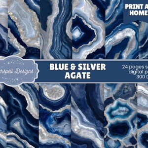 May include: Digital paper pack featuring blue and silver agate designs. The image includes 24 seamless digital papers with a 300 DPI resolution. The text on the image reads "Blue & Silver Agate" and "Print at Home."