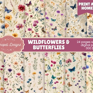 May include: A collection of 24 seamless digital papers featuring watercolor illustrations of wildflowers and butterflies. The designs include various colorful flowers and butterflies in shades of blue, pink, yellow, and purple. The text "WILDFLOWERS & BUTTERFLIES" is displayed.