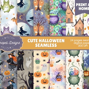 May include: A collection of cute Halloween-themed seamless digital papers. The designs feature pumpkins, ghosts, bats, witches, cauldrons, and haunted houses in a watercolor style. The text reads "Cute Halloween Seamless" and "Print at Home".