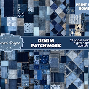 Könnte beinhalten: Ein digitales Papierpaket mit einem Patchwork-Design aus blauem Denim. Das Bild enthält den Text "DENIM PATCHWORK" und "24 Seiten nahtlose digitale Papiere 300 DPI". Das Starspell Designs Logo ist ebenfalls sichtbar.