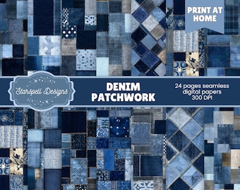 Denim Patchwork Seamless Digital Papers | 24 Blue Textile Stitched Patterns for Scrapbooking, Journals, Crafts & Rustic Design