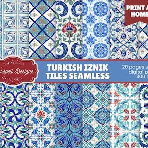 May include: A selection of Turkish Iznik tile patterns in blue, turquoise, and red. The image displays various seamless designs with floral and geometric motifs. Text includes "Starspell Designs", "Turkish Iznik Tiles Seamless", and "Print at Home".
