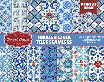 Turkish Iznik Tile Seamless Patterns | 24 Traditional Ottoman Ceramic Digital Papers for Scrapbooking, Journals & Craft Design