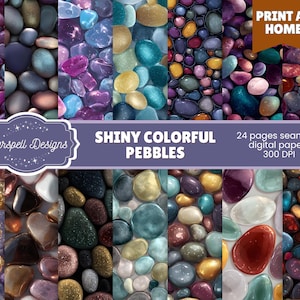 May include: A digital paper set featuring seamless patterns of shiny, colorful pebbles in various hues. The image includes text that reads "Shiny Colorful Pebbles" and "Print at Home."