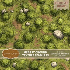 Grassy Ground Texture Seamless Pattern | Stylized Bushes, Dirt Paths, Rocks Digital Paper for Nature Designs & Gaming Assets