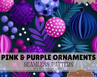 Pink & Purple Ornaments Seamless Pattern, Colorful Christmas Baubles, Blue Holiday Digital Paper, Modern Christmas Pattern JPEG