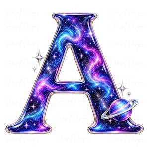 May include: A capital letter A with a metallic silver border, filled with a vibrant galaxy pattern featuring swirling blue and purple nebulae, scattered white stars, and a small planet with rings attached to the lower right side.